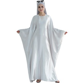 khalat Abaya Muslim Dress Women Satin Prayer Dress Batwing Long Sleeve Middle East Arabian Robe with Hijab Gray