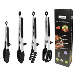 4 Pack Silicone Kitchen Cooking Tongs Set, Stainless Steel Nonstick Food Tong with BPA Free Silicone Tips for Serving Pasta Spaghetti Steak Pie Pizza Salad Vegetable Fruit Grilling BBQ Buffet 9" & 12"