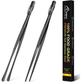 HOTEC Stainless Steel Kitchen Tweezers Tongs, 2 Pcs 12Inch Professional Chef Tweezers for Cooking, BBQ, Grilling, Plating, Seafood and Serving, Black