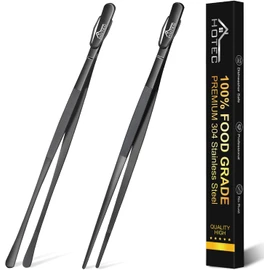HOTEC Stainless Steel Kitchen Tweezers Tongs, 2 Pcs 12Inch Professional Chef Tweezers for Cooking, BBQ, Grilling, Plating, Seafood and Serving, Black