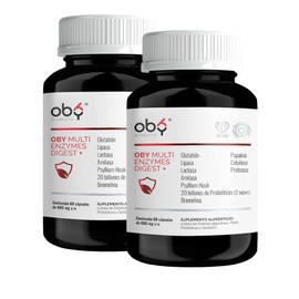 Oby Multi Enzimas digestivas, Probióticos | 7 tipos enzimas + Probióticos Bifidobacterium y Lactobacilos + Fibra Psyllium Husk + Glutation | 2 Pack 120 capsulas veganas (60 caps por frasco)