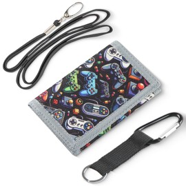 Kids Wallet for Boys with Lanyard, Little Boys Wallet for Kids Ages 4-5-6-7-8-9-10-12, Game Gamer Gaming Youth Wallets with Strap, Tri Fold Child Childrens Neck Wallets for Birthday Christmas Gift