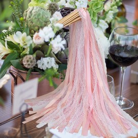 Whemyreat Pack of 50 Pink Wedding Walls with Bell, Romantic Lace Sticks with Wedding Ribbons, Magic Wands Wedding Streamers, Guest Gifts, Silk Fairy Stick, for Weddings, Holiday Parties, Parties