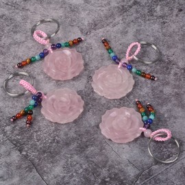 Natural Rose Quartz Gemstone Flower 7 Chakra Reiki Tassel Healing Keychain Bag Charm Pendant 3.1 Inches