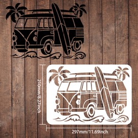 FINGERINSPIRE Surf Car Stencil 11.7x8.3 Inch A4 Plastic Palm Trees Wave Painting Pattern - Reusable for Surfboard, Wood, Floor, Wall and Tile