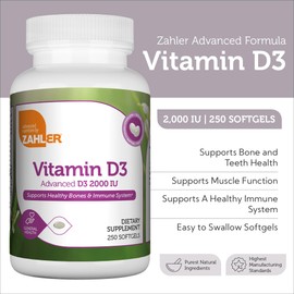 Zahler - Advanced Vitamin D3 2000 IU Softgels (250 Count) Kosher Vegetarian Friendly Vitamin D for Immune Support, Bone, Teeth & Muscle Health - Daily D3 Vitamin Supplement for Adults - Easy Swallow V