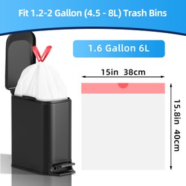 KUK 1.6 Gallon Drawstring Trash Bags - 60 Count White Small Garbage Bags, Unscented Strong Plastic Waste Basket Liners for Home/Office/Car, Fits 4.5-8 Liter Bins, 6 Rolls with Tear-Free Design