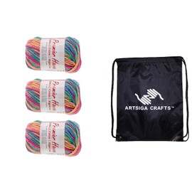 Premier Yarns Home Cotton Multi Rainbow 44-3 (3-Skeins - Same Dye Lot) Worsted Medium #4 Cotton Yarn for Crocheting and Knitting - Bundle with 1 Artsiga Crafts Project Bag