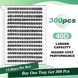 Lash Clusters 300pcs Individual Lashes 40D 0.07D Curl 10mm DIY Eyelash Extension KEYYOU Large Tray Volume Soft&Natural Cluster Lashes(40D-0.07D,10）