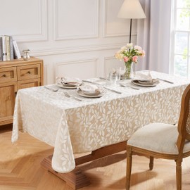 Warm Home Designs 60 x 84 Inch Jacquard Rectangular Tablecloth with 8 Matching Decorative Napkins Included. Beige Tablecloth with Leaf Design for Rectangle Tables for Wedding Decor. CA Linen 60x84