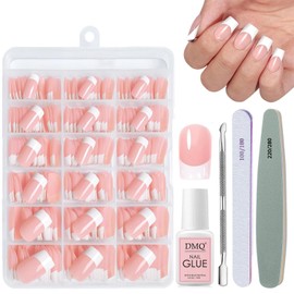 DMQ Square French Press on Nails Kit, 240Pcs White Tip False Nails, Nude Color French Fake Nail Tips, Full Cover Stick on Nails with Nail Glue for Nail Art Manicure Decorations