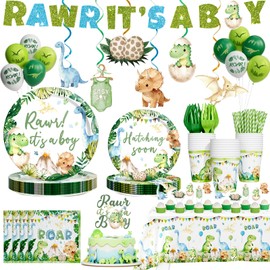 Hombae Dinosaur Baby Shower Decorations Boy, Hatching Soon Baby Shower Party Supplies with Rawr It's a Boy Tableware, Plates, Napkins, Hanging Swirls for Boys Dino Theme Party, Serves 24