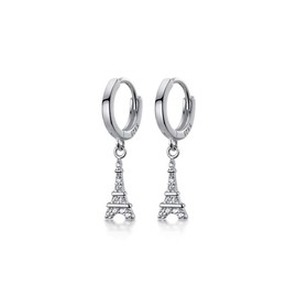 Fashion Eiffel Tower Dangle Drop Hoop Earrings S925 Sterling Silver Cubic Zirconia Crystal Dangling Charm Round Huggie Hoops Earring 10mm Studs Cute Jewelry Gifts for Women Sensitive Ears