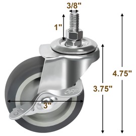 AAGUT 3 Inch TPR Heavy Duty Casters 3/8"-16 x 1 Threaded Stem Castors, Locking Swivel Replacement for Furniture, Workbench, 4 Pack
