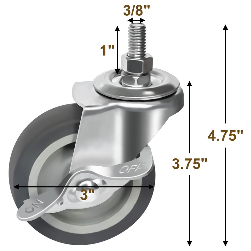 AAGUT 3 Inch TPR Heavy Duty Casters 3/8"-16 x 1