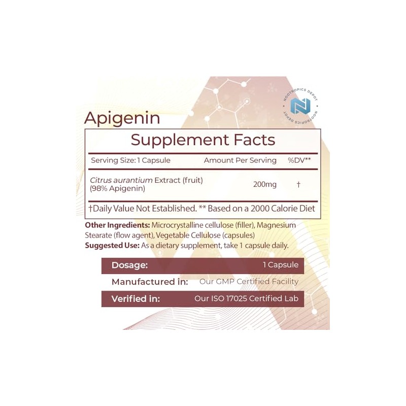 Nootropics Depot Cápsulas De Apigenina 200Mg 30 Recuento 98 De