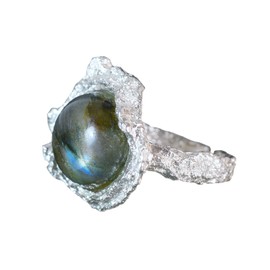 NicoWerk SRI658 Women's Silver Ring Labradorite 925 Sterling Silver Blue Stone Rustic Ice Matt Coarse Adjustable Open, Sterling Silver, Labradorite