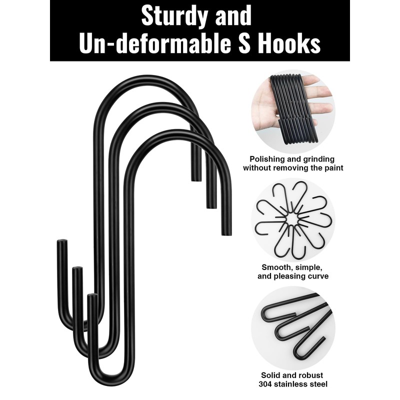 Sheryl&Rain Pack of 12 S Hooks, Black, Stainless Steel Hooks