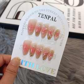 TENPAL 3D Floral Nails,Pink Press on Nails Almond,Gold Mirror Powder Fake Nails with 3D Camellia Wave Designs,Blush Pink Aurora Glitter False Nail Set with Tools,Salon-Quality Artificial Nails 24pcs