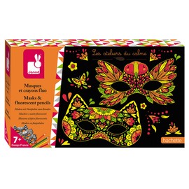 Janod - Set of masks and neon pens - Les Ateliers du Calme - Set for creative leisure activities for children - Developing fine motor skills and creativity - From 7 years, J07944