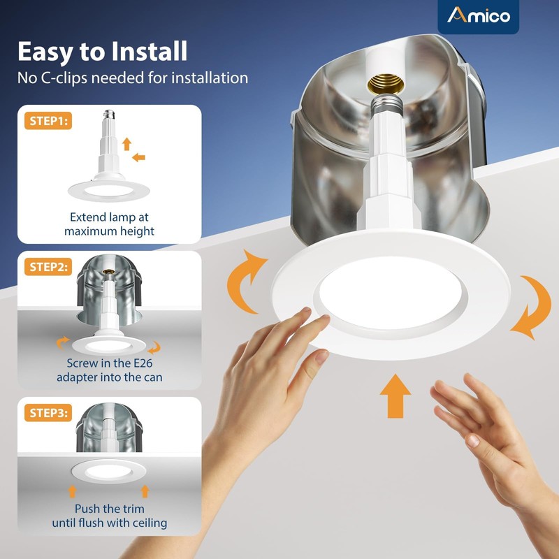Amico 5/6 inch 5CCT LED Recessed Lighting 4 Pack, 12W=100W,