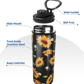 Cerburny Water Bottle Sunflower 18 oz Stainless Steel Insulated Bottles With Lid Wide Mouth Gym Sports Water Jug For Women Mom Mother