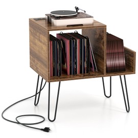 Giantex Record Player Stand with Charging Station, Turntable Stand with Vinyl Divider & Display Shelf, Mid-century Modern End Table Holds Up to 150 Albums, Vinyl Record Storage Cabinet for Living Room