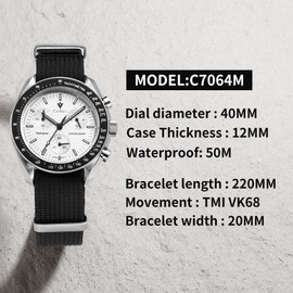 CADISEN Men's Quartz Watch Elegant Casual Campaigns with Sapphire Glass Nylon Strap, White, Strap.
