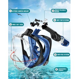 Greatever Full Face Snorkel Mask, Snorkeling Gear for Adults with Latest Dry Top Breathing System and Detachable Camera Mount, Snorkel Mask Adult, Snorkels Anti-Fog & Anti-Leak