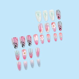24Pcs Flower Press on Nails Medium Almond Fake Nails with 3D Butterfly Rhinestones Designs Summer False Nails Butterfly Wings Stick on Nails Cute Floral Acrylic Nails Glossy Glue on Nails for Women