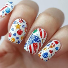 Independence Glue on Nails Medium Square Press on Nails 4th of July False Nails Multicolor Candy Blue Stars Design Kite July 4th Nails Press ons White Fake Nails for Girls and Women 24Pcs