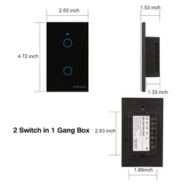 Smartyuns WiFi Smart Light Switch, Tempered Glass Panel Touch Light Switch 2 Gang, US Standard Modern Wall Touch Switch, Timer Function, Single Pole Switches (2 Gang Light Switch Black)