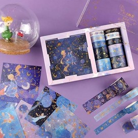 Mayatra's The Little Prince 10-Roll Gold Foil Washi Tape Set – Cosmic Purple Universe & Stars for Scrapbooking & Gift Wrapping (Multicolor)