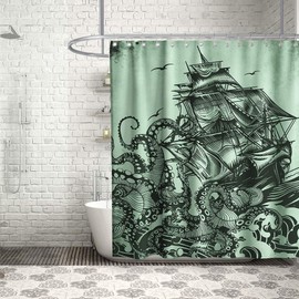 Final Friday Nautical Octopus Sail Boat Kraken Monster Theme Fabric Shower Curtain Sets Ocean Bathroom Decor with Hooks Waterproof Washable 70 x 70 inches Black Green and Teal