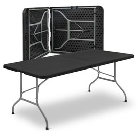 Athena Collection 8ft Square Folding Table, Indoor Outdoor Foldable Card Table Portable Plastic Table with Steel Legs & Handle, Collapsible Utility Dining Table for Party Camping Picnic, Black