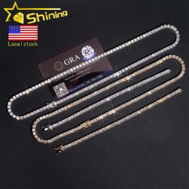USA Warehouse Local Stock Hot Selling 925 Silver Gold Plated Hip Hop Iced Out GRA Moissanite Diamond Sparkling Tennis ChainColor: Silver, Length: 4mm 7inches