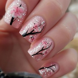 Short Press on Nails Glitters Peach Blossom Branch Square Fake Nails Full Cover Glossy Stick on Nails Cute Flower Press on Nails Spring Pink Acrylic False Nails Glue on Nails for Women and Girls 24Pcs
