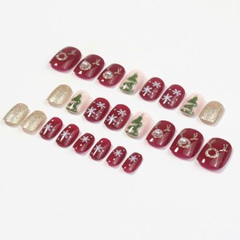 24pcs Christmas Press on Nails Short with Pearl Design, Red Square Fake Nails Glossy False Nails Christmas Tree Snowflake Elk Gold Glitter Nails Winter Stick on Nails for Women and Girls Xmas Manicure
