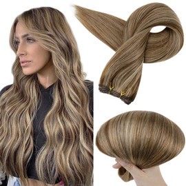Full Shine Weft Hair Extensions Human Hair 22 Inch Balayage Sew in Hair Extensions Color 4 Medium Brown Highlighted with 27 Honey Blonde Real Hair Weft Remy Human Hair Extensions 100 Gram