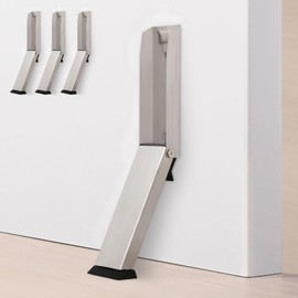 HOMOTEK Kickdown Door Stopper for Bottom of Door, Foldable Door Stop with Self Adhesive, Heavy Duty No Drilling Portable Door Stoppers, Silver 4 Pack