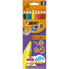BIC Kids Dicke Buntstifte Super Soft, Jumbo Malstifte in 8 Farben inkl. Anspitzer, Dreikant Farbstifte mit weicher Mine, ab 3 Jahre