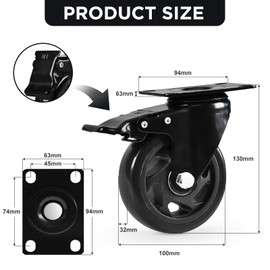 Caster Wheel, Heavy Duty 4 Inch Caster, Locking Swivel Caster Wheel for Cart, Furniture and Workbench, Black