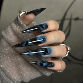 BABALAL Long Stiletto Press on Nails Almond Fake Nails Black Goth Acrylic Nails Supplies Blue Butterfly Y2k Glue on Nails Art 24Pcs Glossy Manicure Artificial Nails Full Cover False Nails