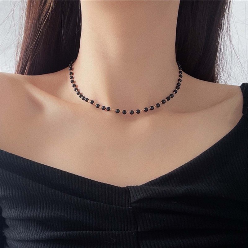 Dervivea Boho Bead Chain Choker Necklace Gold Black Beaded Necklace