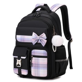 Tanou School Backpack Girls Children's Backpack Waterproof Backpack Teenager Daypack Kawaii Checked School Bag for Girls 9-16 Years with Trolley Strap, black