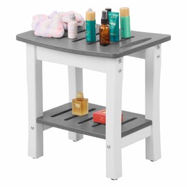 ISYIESA Bathroom Bench and Shower Bench,Shower Stool with Storage Shelf Waterproof,HDPE Corner Shower Chair Equipped with Adjustable Legs and A Shaving Shelf,Non-Slip (Grey&White, 16.5 * 11.8 * 16.3)