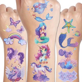Glitter Mermaid Unicorn Temporary Tattoos for Girls, 12 Sheets Mermaid Unicorn Rainbow Butterfly Waterproof Fake Tattoos for Girls Kids Birthday Party Supplies Favors, Baby Shower