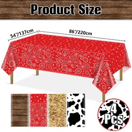 Hegbolke 4 Pack Western Party Tablecloths, 51x86 Straw Tablecover, Wood Grain Tablecloth, Cow Tablecloth, Paisley Bandana Table Cover for Western Themed Party Kids Birthday Party Decorations