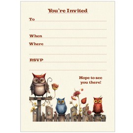 Wild And Arty Fun Owls On A Fence Birthday Party Invitations - White Envelopes - Pack of 20