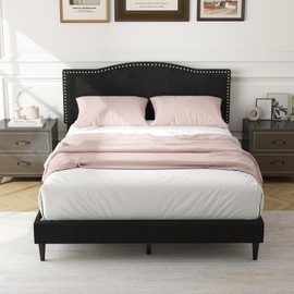 Giantex Queen Bed Frame with Headboard, Modern Platform Bed with Linen Fabric Nailhead Trim Headboard, Wooden Slats Support, No Box Spring Needed, Upholstered Bed Frame Queen Size, Black